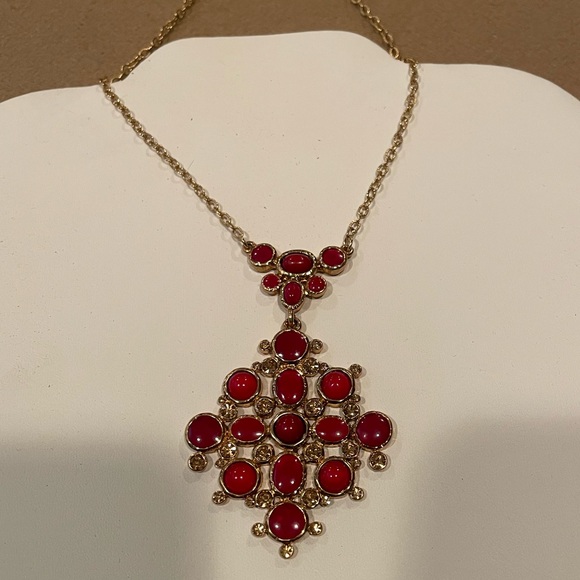 Red and Gold Medallion Drop Necklace - Picture 3 of 6